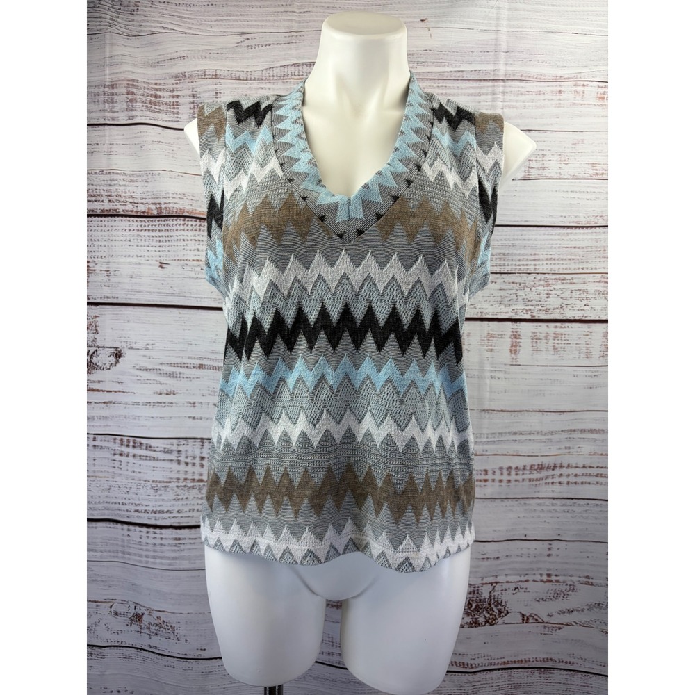 Drew Womens Chevron Zigzag Knit V-Neck Sleeveless Top Blue Brown Grey Large